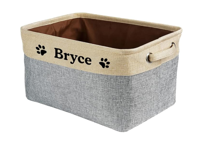 Custom Dog Cat Toy Storage Basket with Pet's Name Sturdy Foldable Collapsible Storage Bin Box with Handles for Organizing Pet Stuffs, Toys, Clothes,( Grey and White), 15" x 9.8" x 9"
